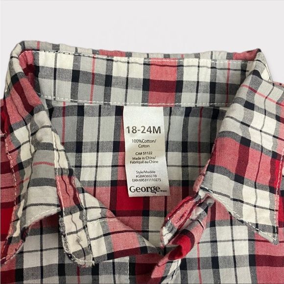 GEORGE| 3/$15| Baby Boy's Red, Black and Gray Plaid Button Down Long Sleeve - Picture 3 of 3